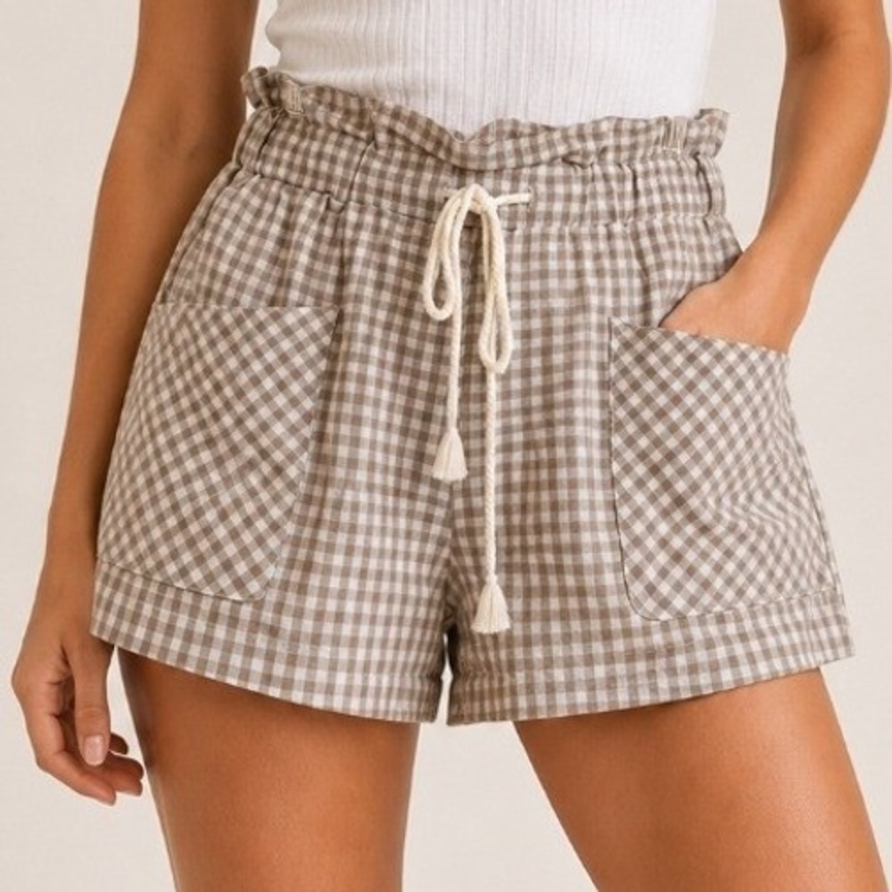 Indigo Rein Shorts Womens Large Tan Gingham Linen Blend Paperbag Waist NWT